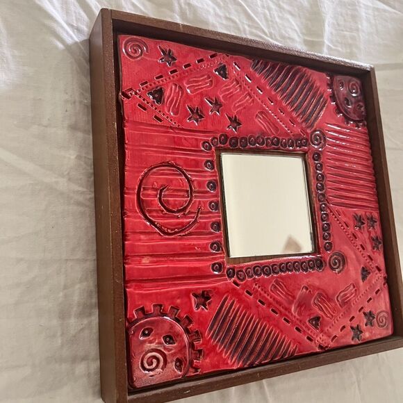 Ceramic Red Framed Mirror Hand Made 9.5 X 9.5 Stars Circles Sun - Picture 4 of 8